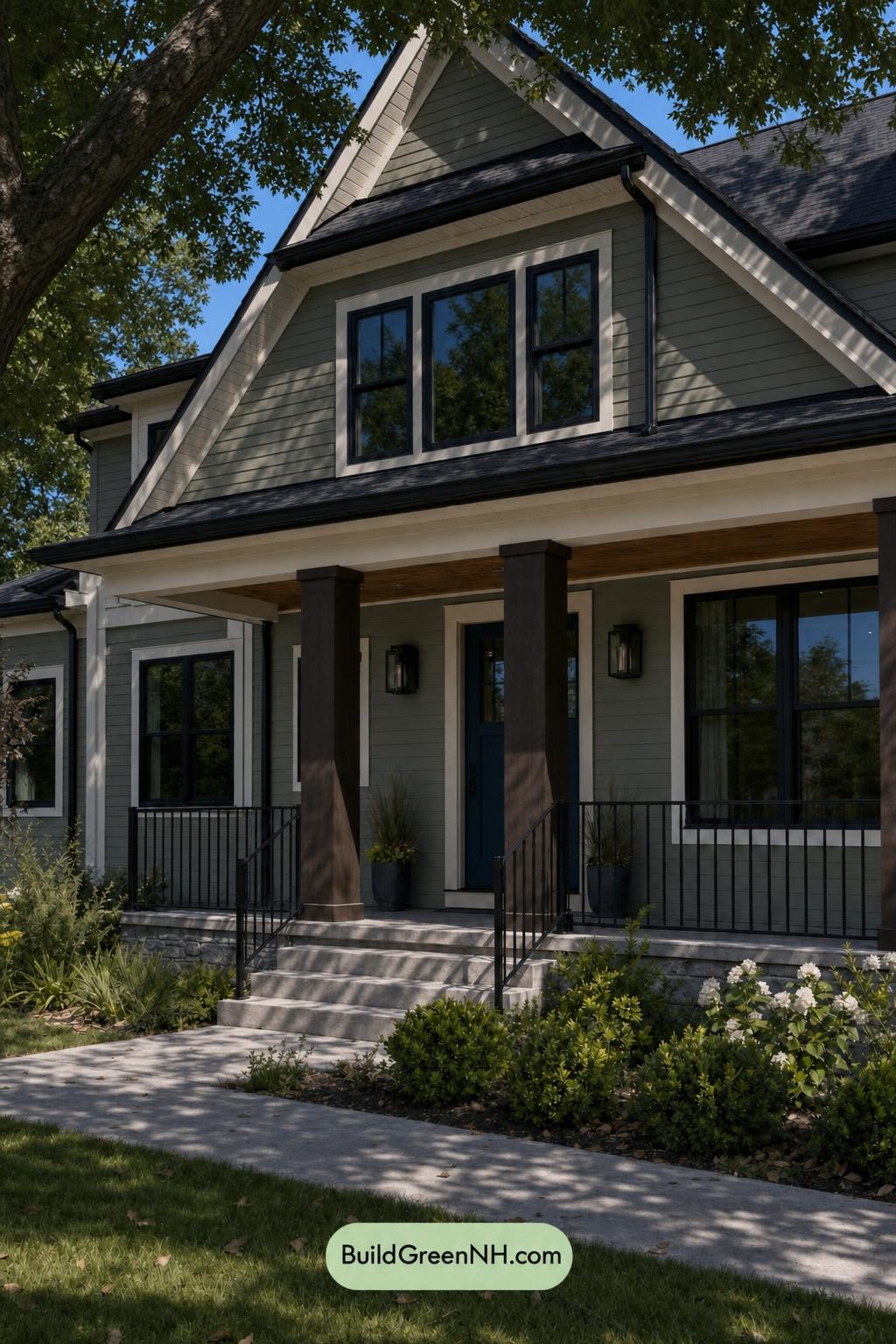 Green House Exterior with Black Roof Color Scheme: Laurel Nightfall - Shade