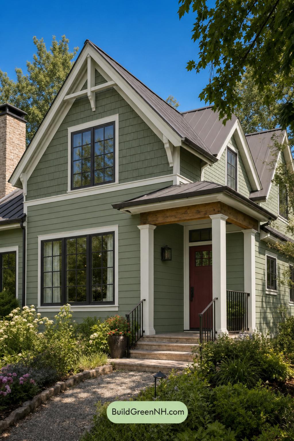 Green House Exterior with Black Roof Color Scheme: Mosslight Hearth