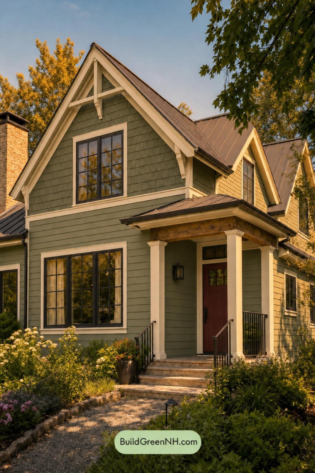 Green House Exterior with Black Roof Color Scheme: Mosslight Hearth - Golden Hour