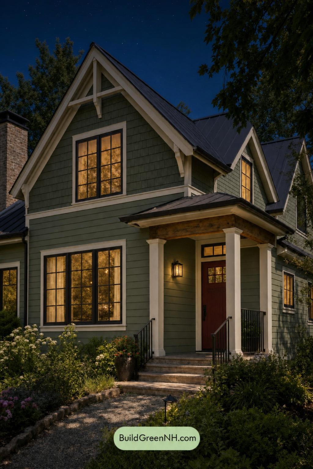 Green House Exterior with Black Roof Color Scheme: Mosslight Hearth - Nighttime