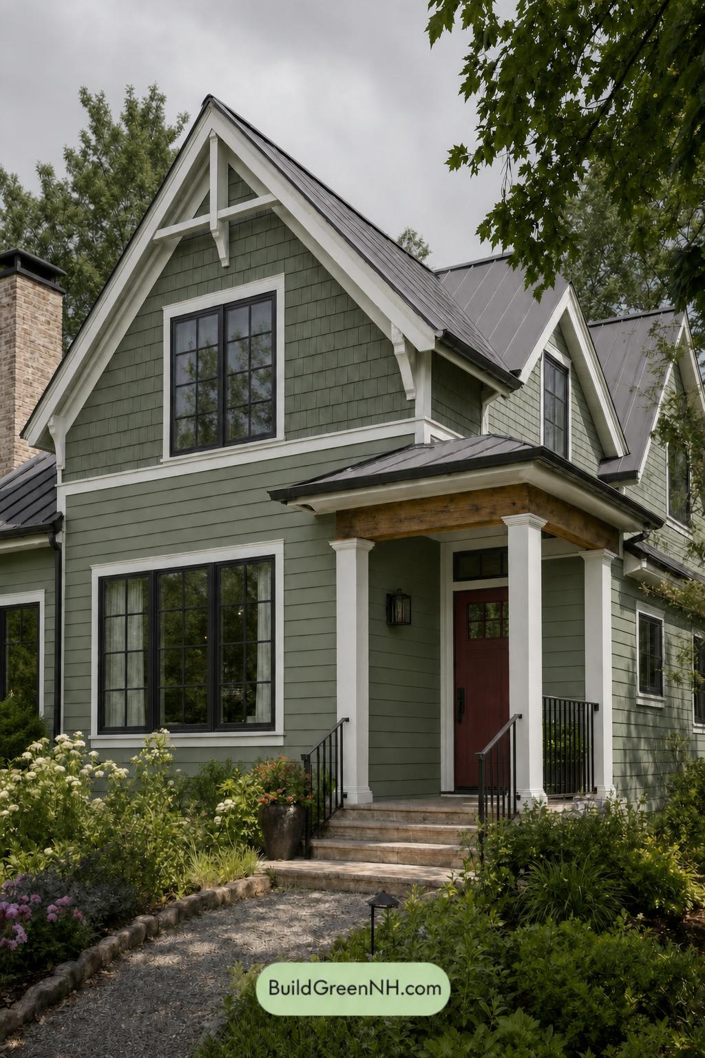 Green House Exterior with Black Roof Color Scheme: Mosslight Hearth - Overcast