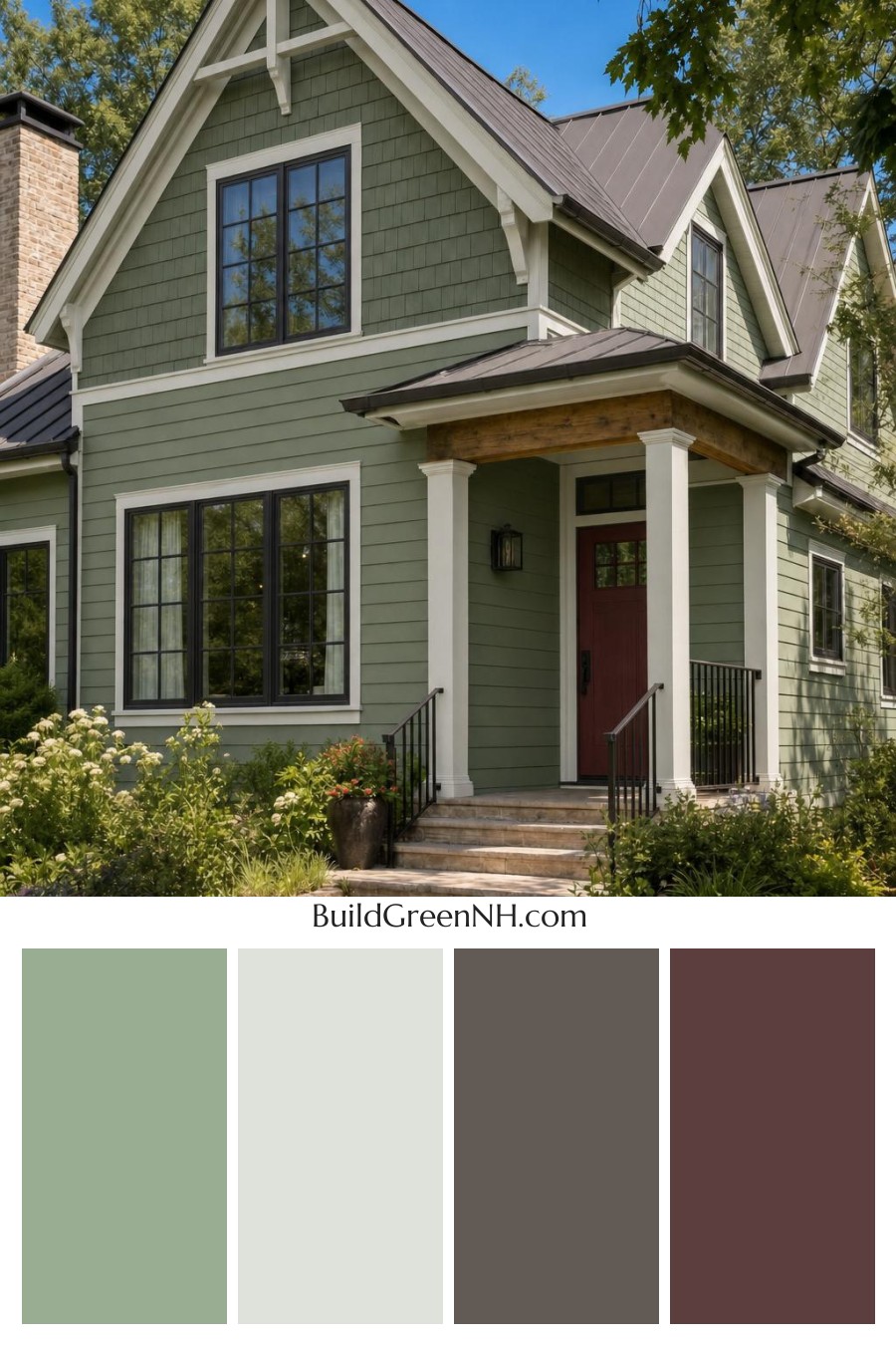 Green House Exterior with Black Roof Color Scheme: Mosslight Hearth
