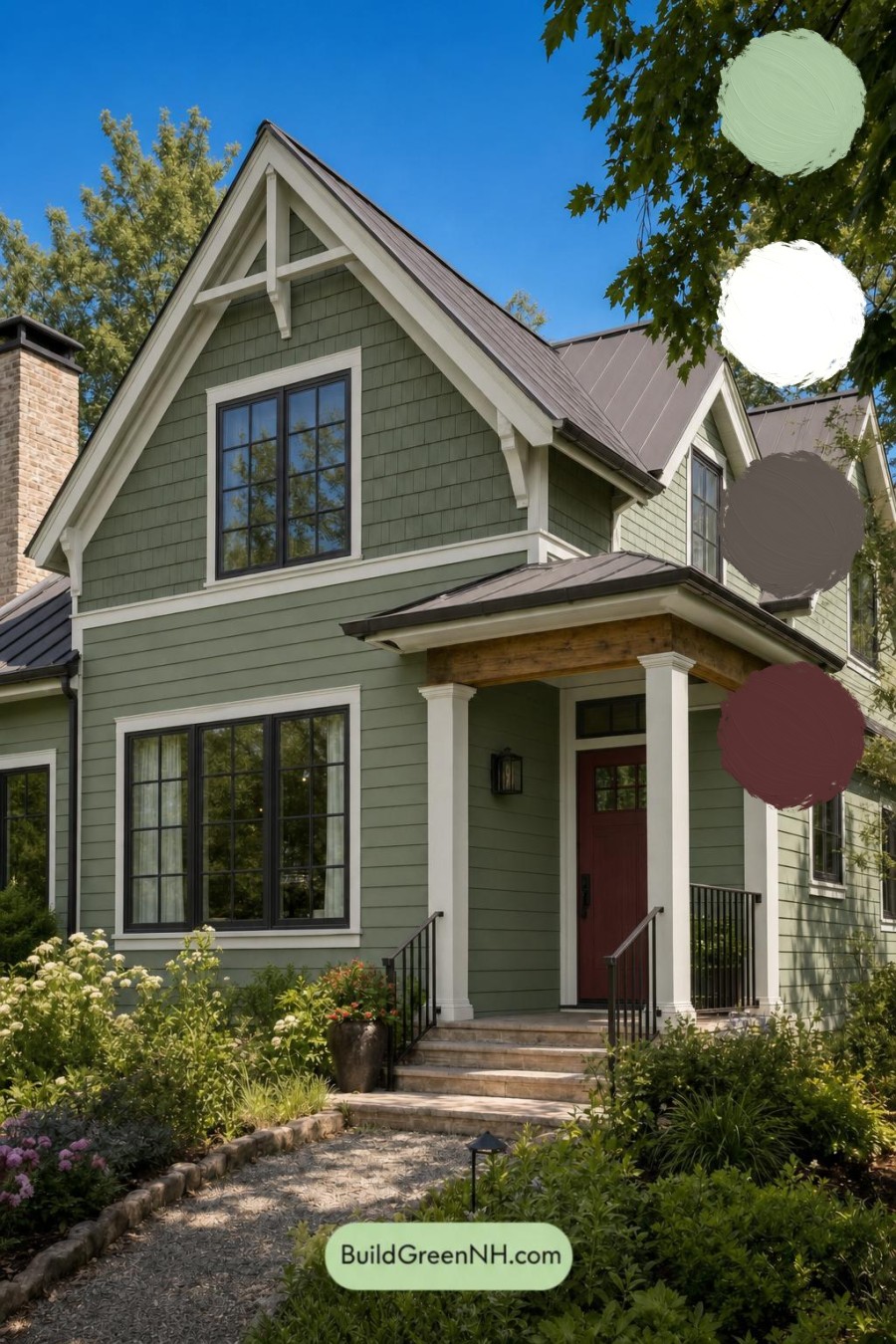 Green House Exterior with Black Roof Color Scheme: Mosslight Hearth