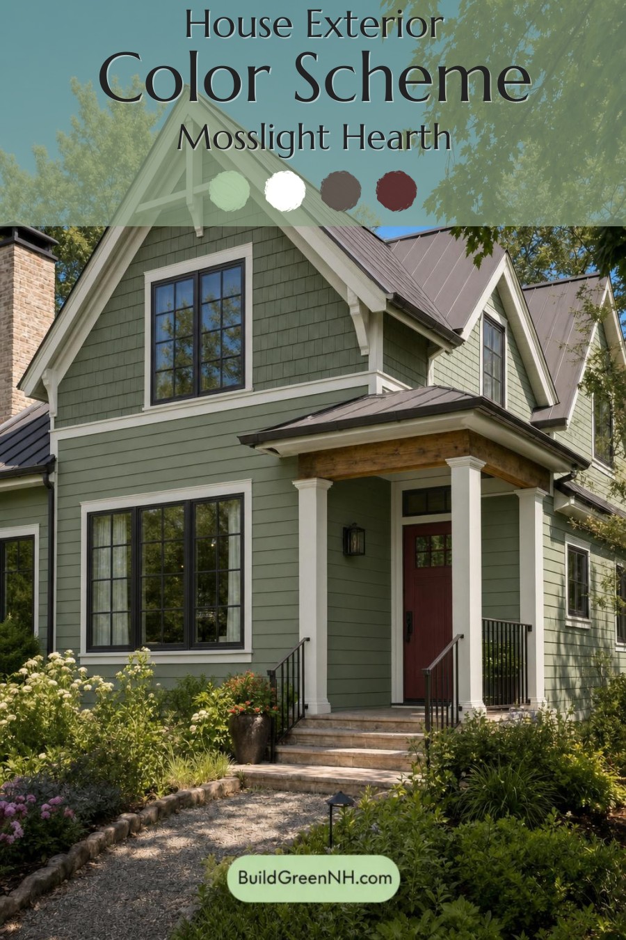 Green House Exterior with Black Roof Color Scheme: Mosslight Hearth