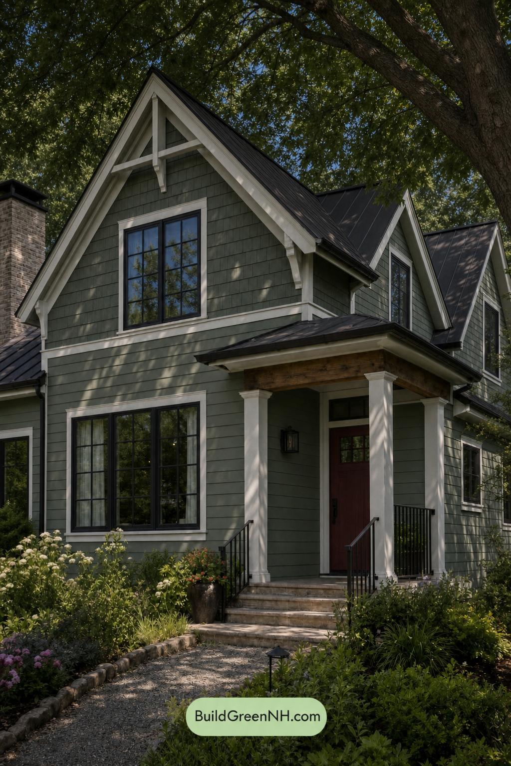 Green House Exterior with Black Roof Color Scheme: Mosslight Hearth - Shade