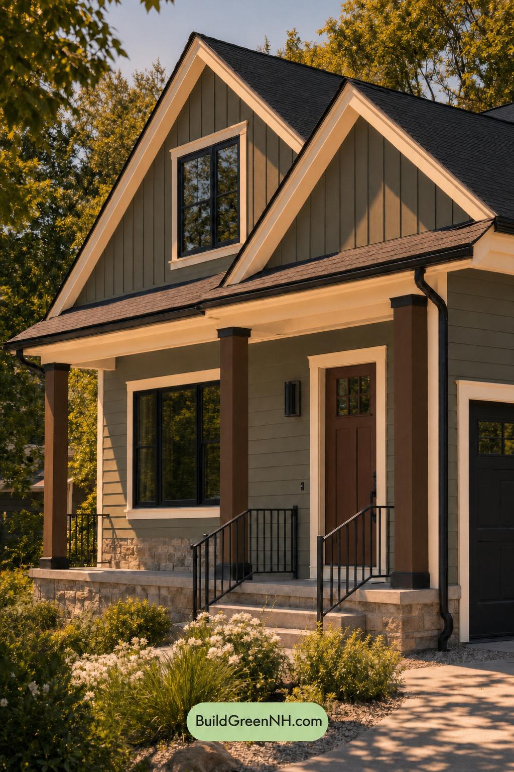 Green House Exterior with Black Roof Color Scheme: Myrtle Clay Interval - Golden Hour