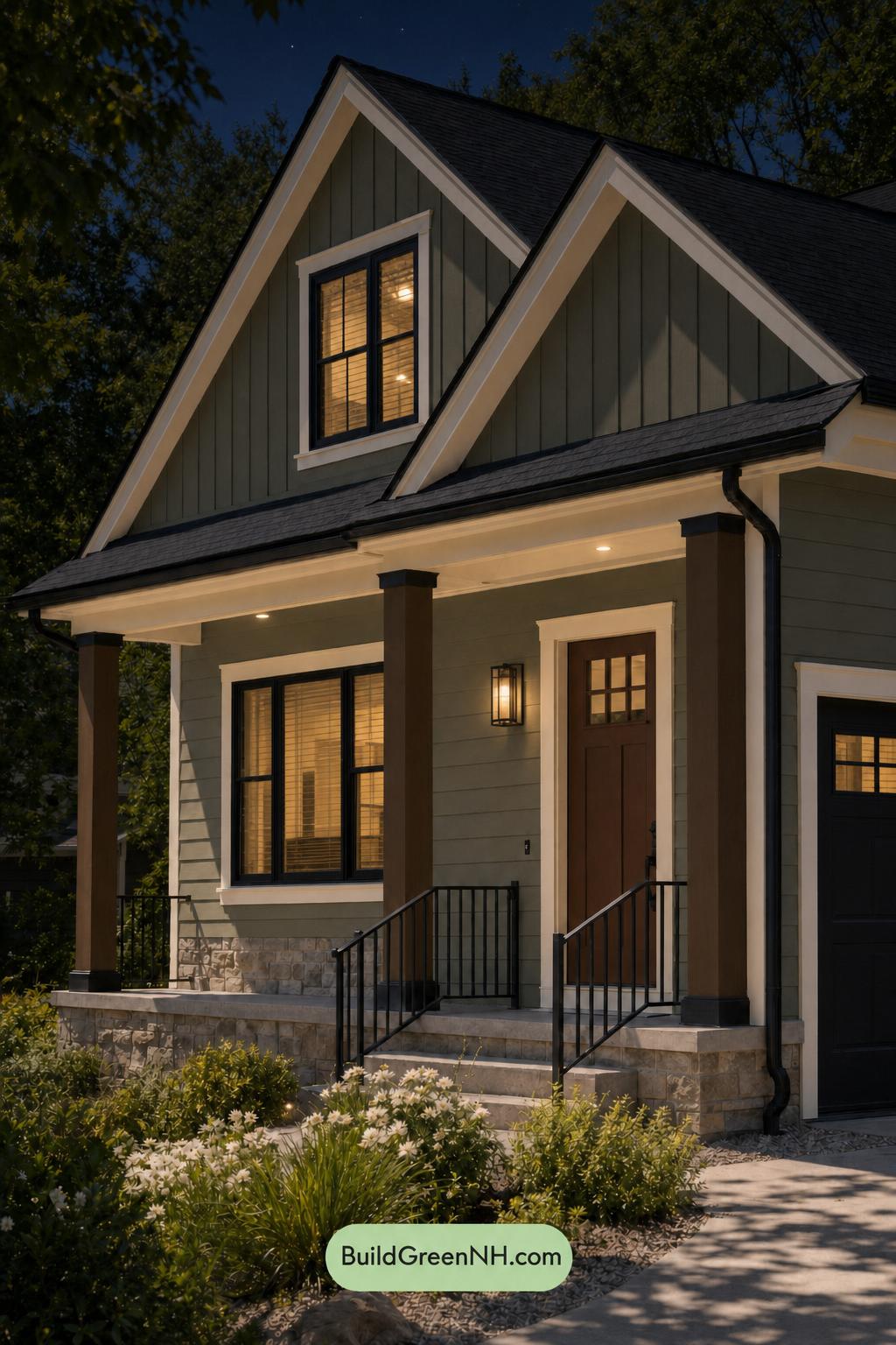 Green House Exterior with Black Roof Color Scheme: Myrtle Clay Interval - Nighttime