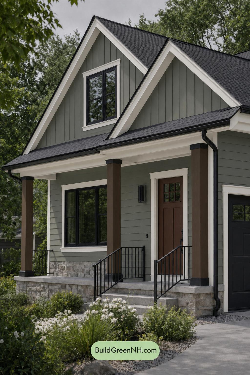 Green House Exterior with Black Roof Color Scheme: Myrtle Clay Interval - Overcast