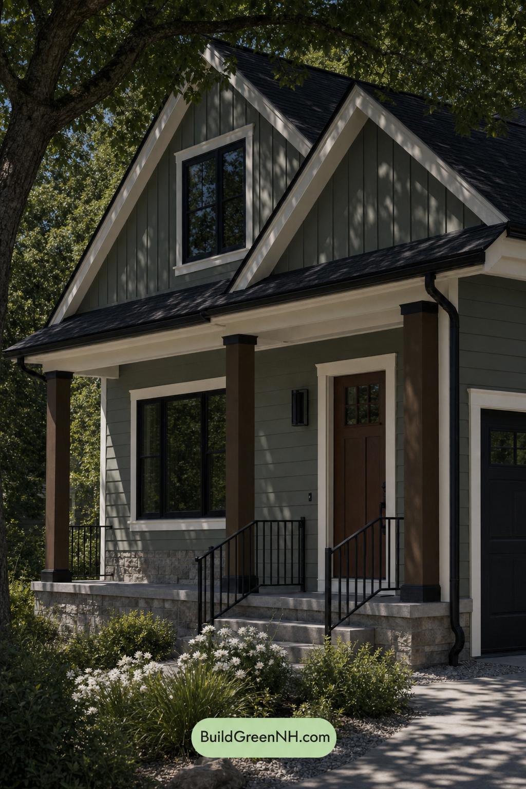 Green House Exterior with Black Roof Color Scheme: Myrtle Clay Interval - Shade