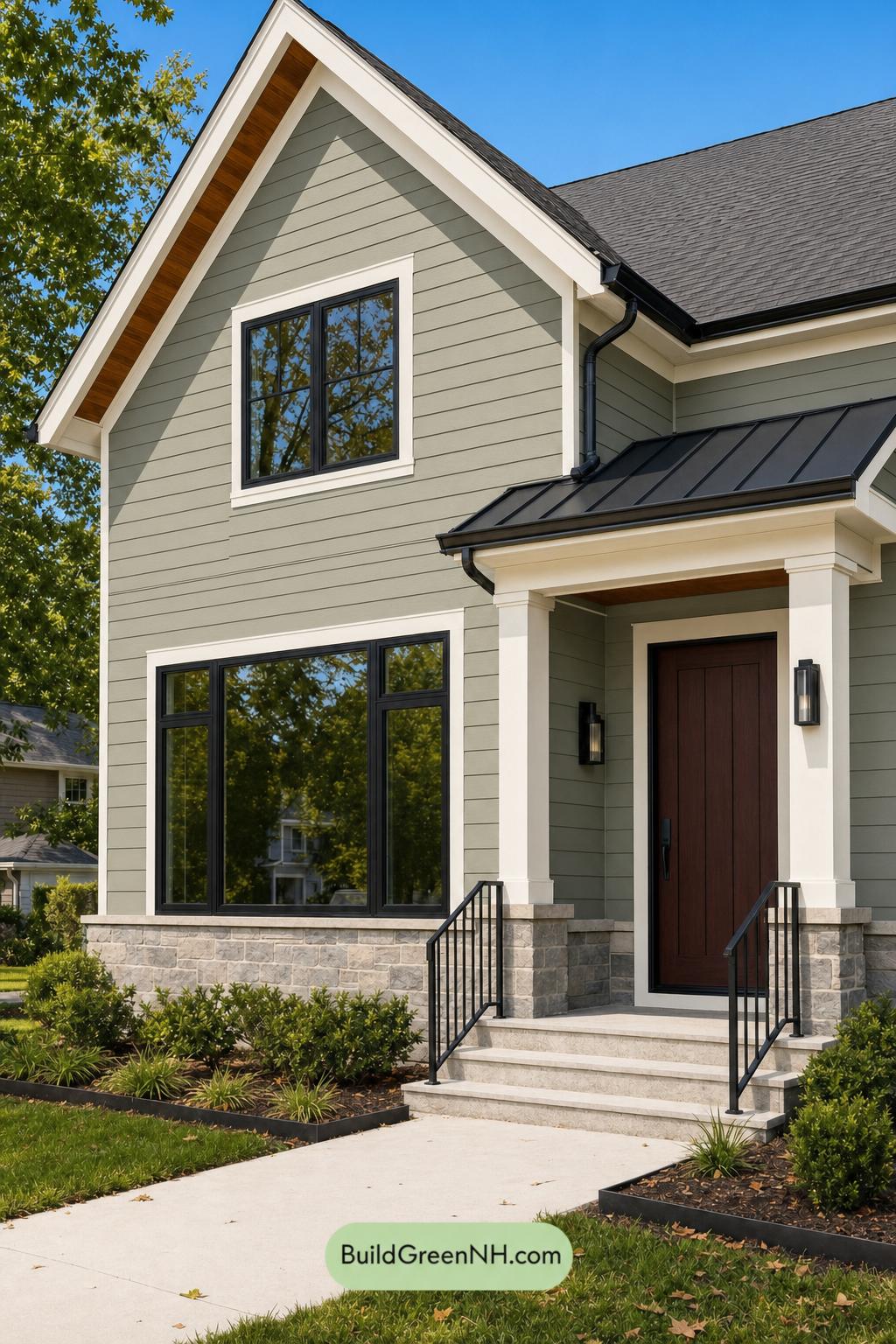 Green House Exterior with Black Roof Color Scheme: Olive Iron Threshold