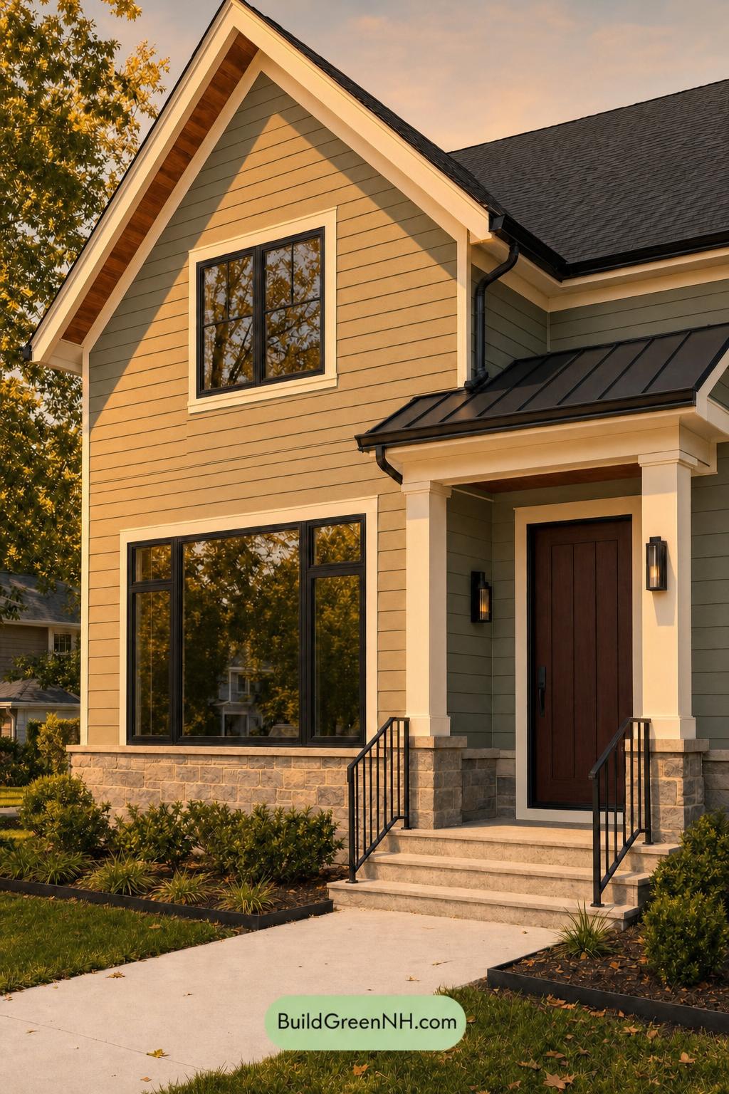Green House Exterior with Black Roof Color Scheme: Olive Iron Threshold - Golden Hour
