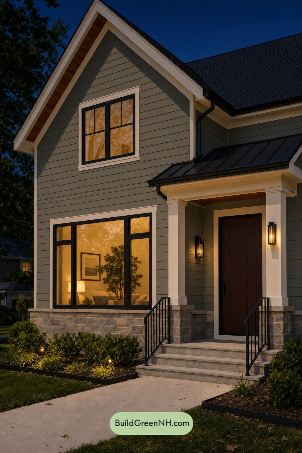 Green House Exterior with Black Roof Color Scheme: Olive Iron Threshold - Nighttime