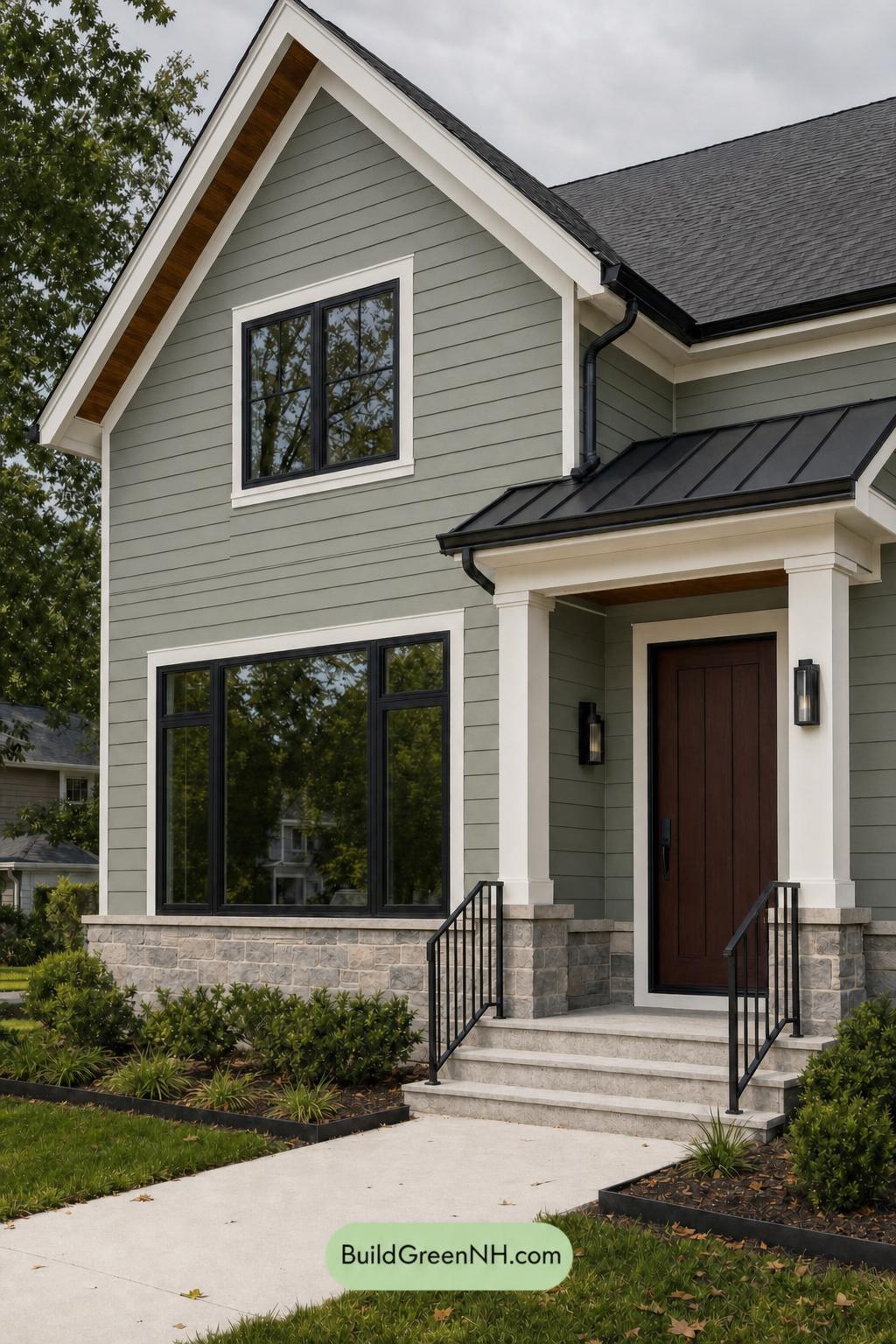 Green House Exterior with Black Roof Color Scheme: Olive Iron Threshold - Overcast