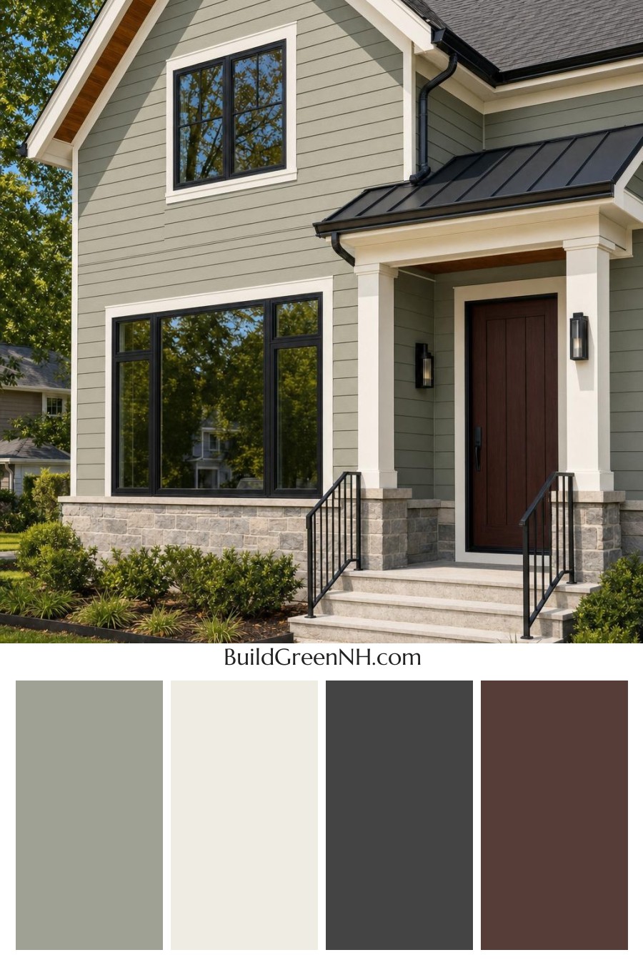 Green House Exterior with Black Roof Color Scheme: Olive Iron Threshold