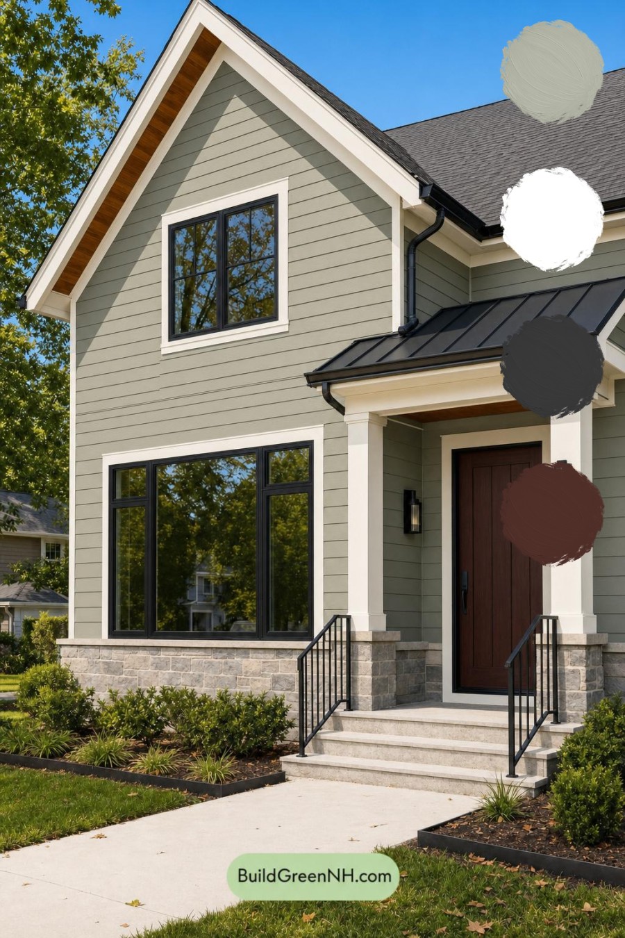 Green House Exterior with Black Roof Color Scheme: Olive Iron Threshold