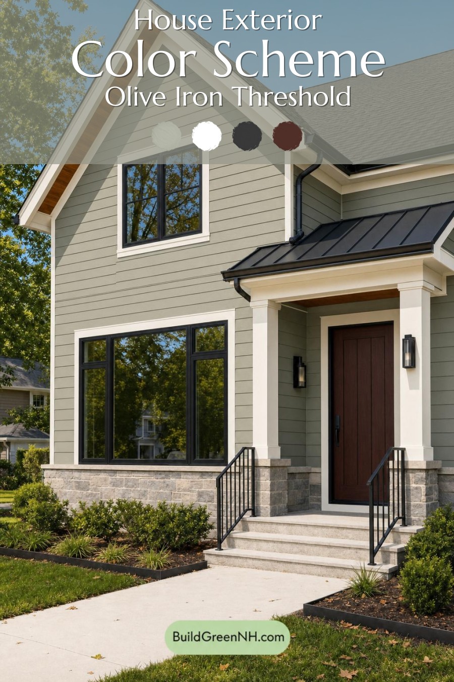 Green House Exterior with Black Roof Color Scheme: Olive Iron Threshold