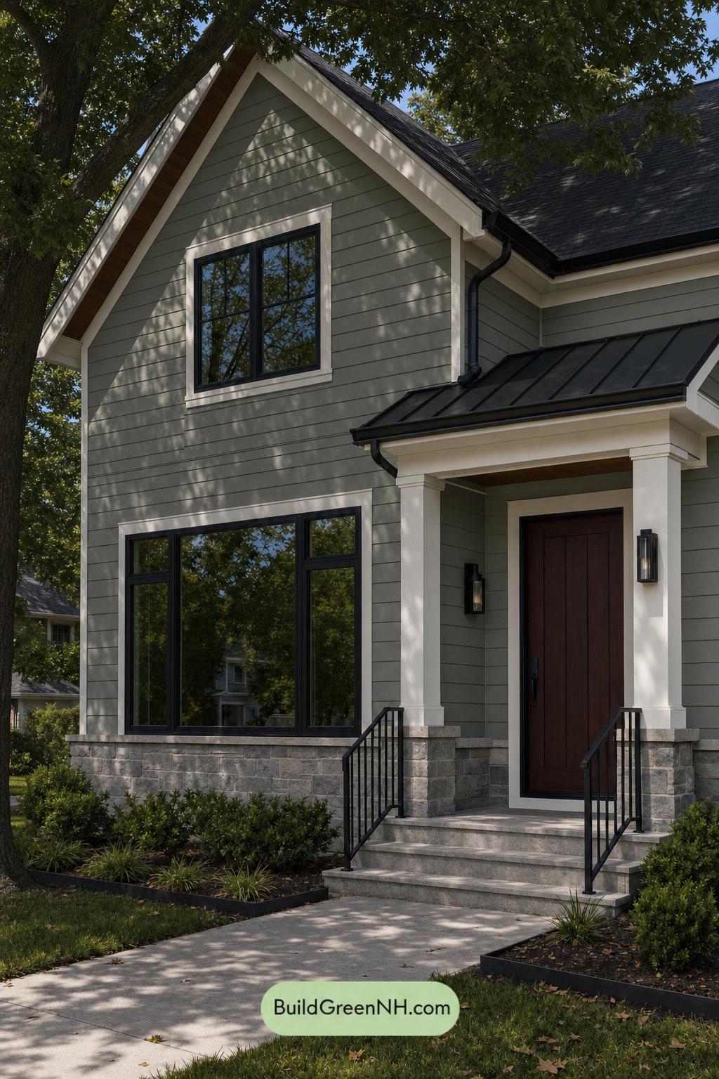 Green House Exterior with Black Roof Color Scheme: Olive Iron Threshold - Shade