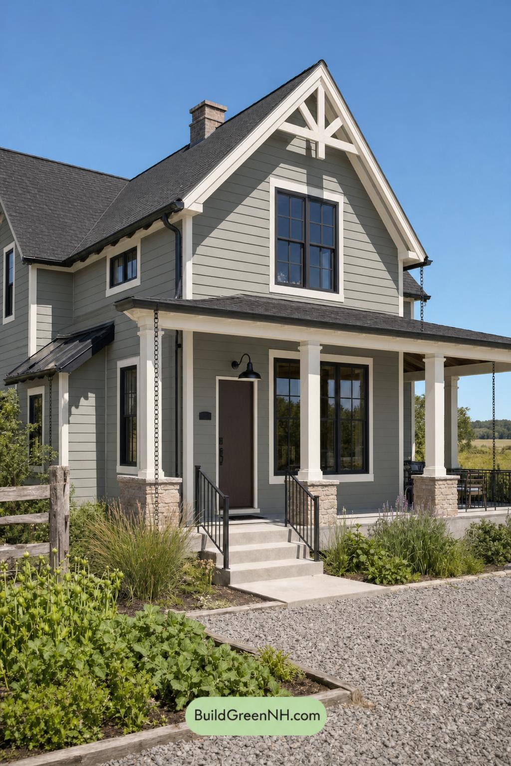 Green House Exterior with Black Roof Color Scheme: Pine Copper Lantern