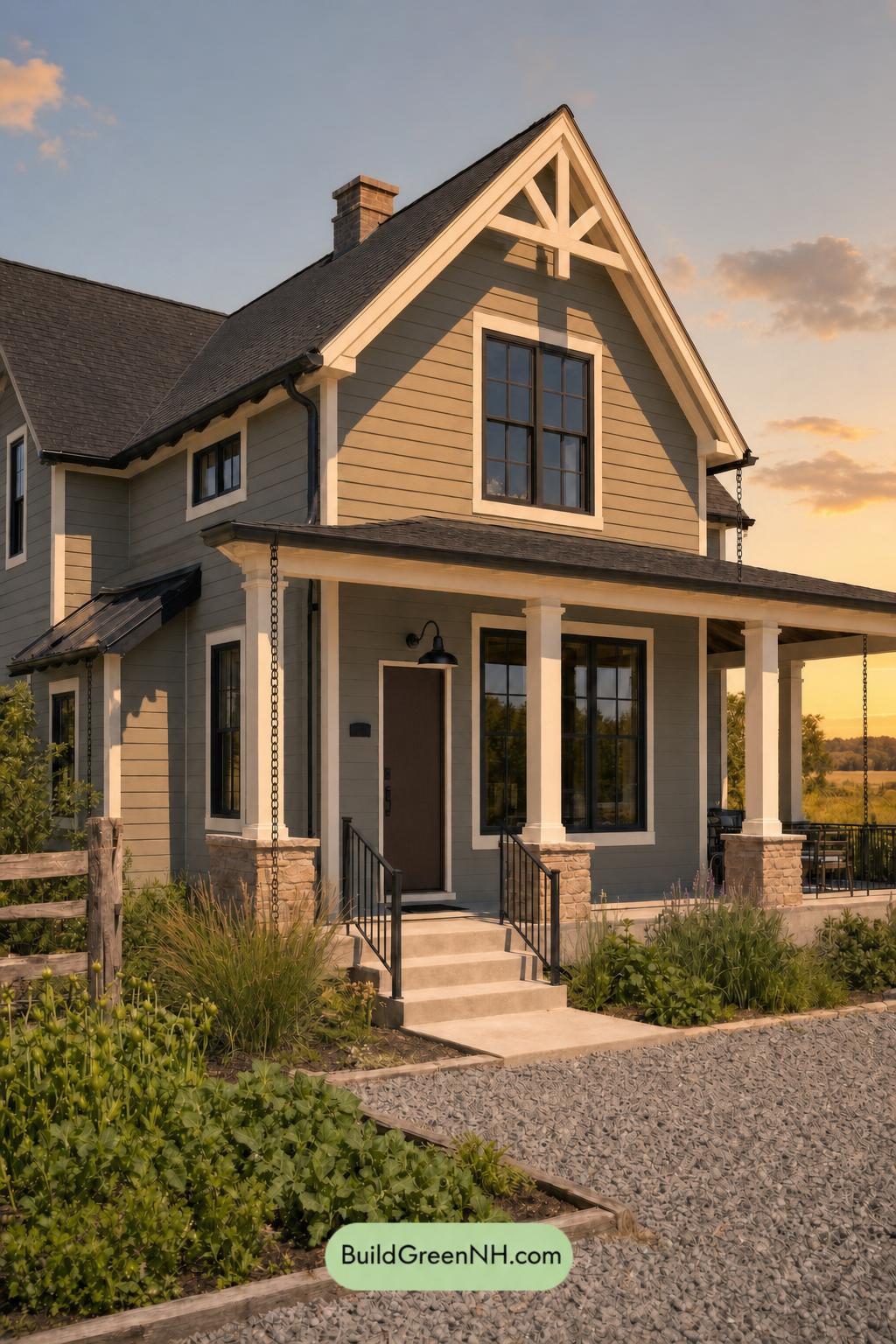 Green House Exterior with Black Roof Color Scheme: Pine Copper Lantern - Golden Hour