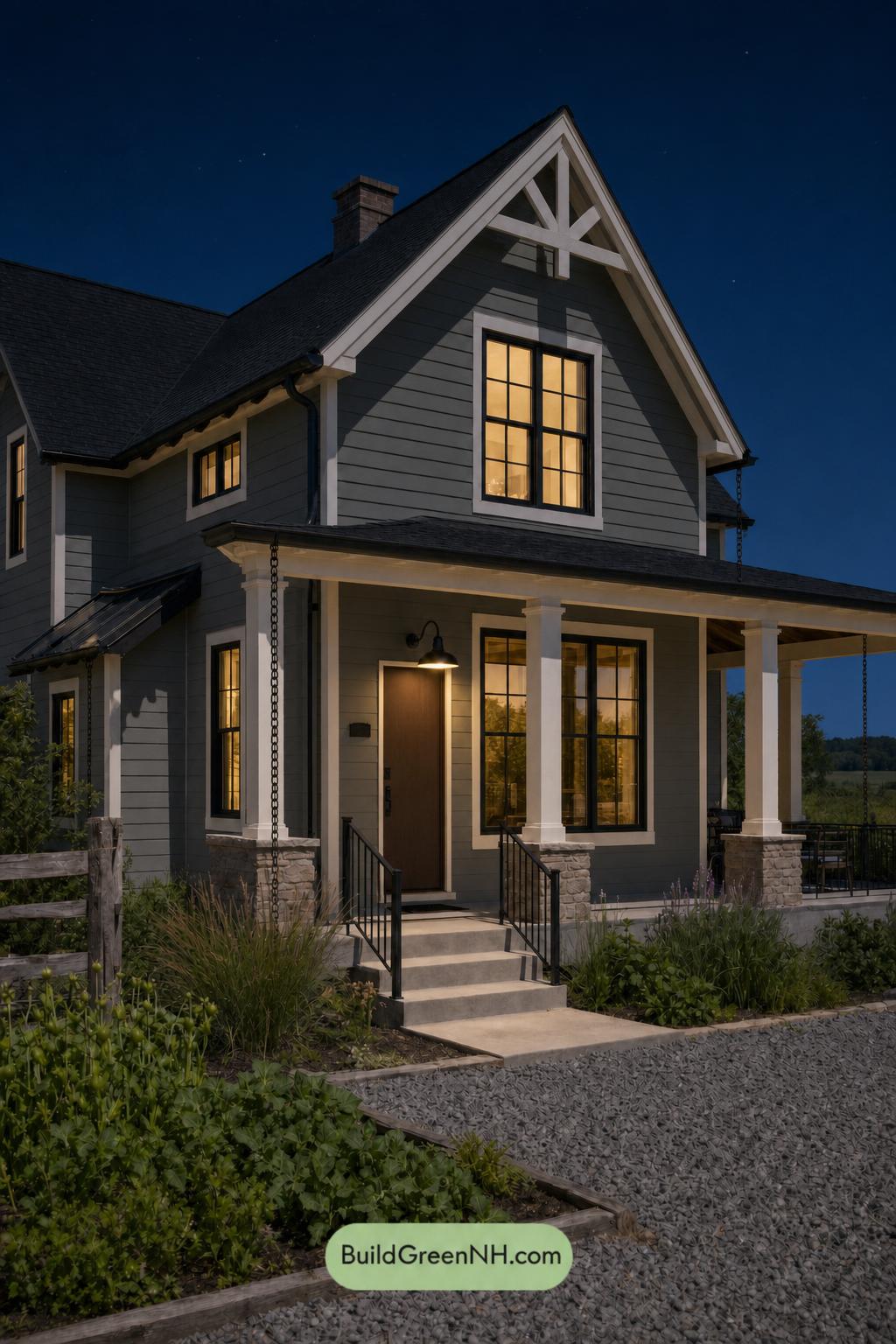 Green House Exterior with Black Roof Color Scheme: Pine Copper Lantern - Nighttime