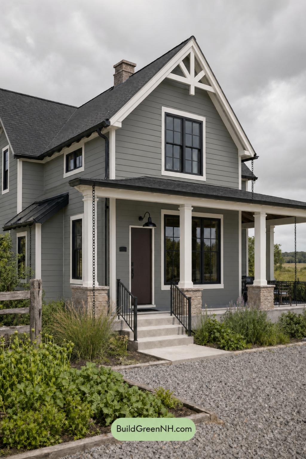 Green House Exterior with Black Roof Color Scheme: Pine Copper Lantern - Overcast