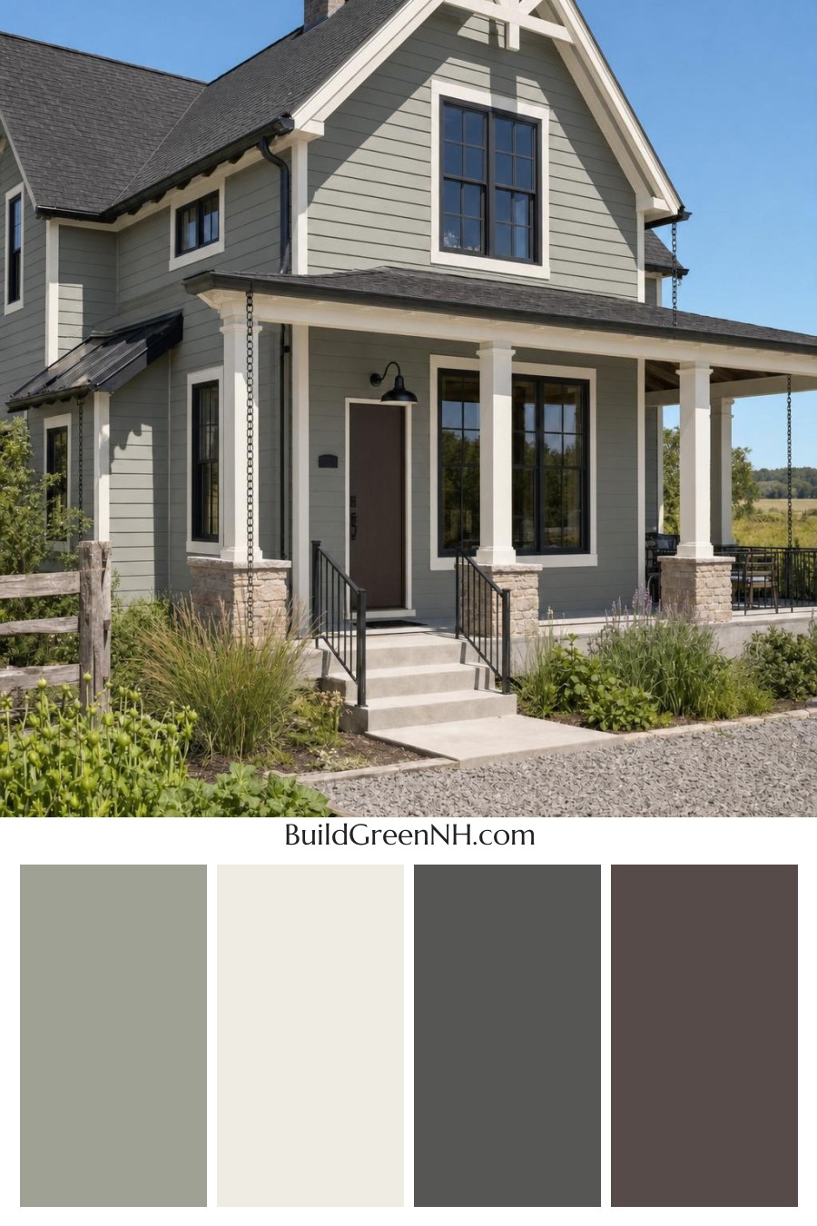 Green House Exterior with Black Roof Color Scheme: Pine Copper Lantern