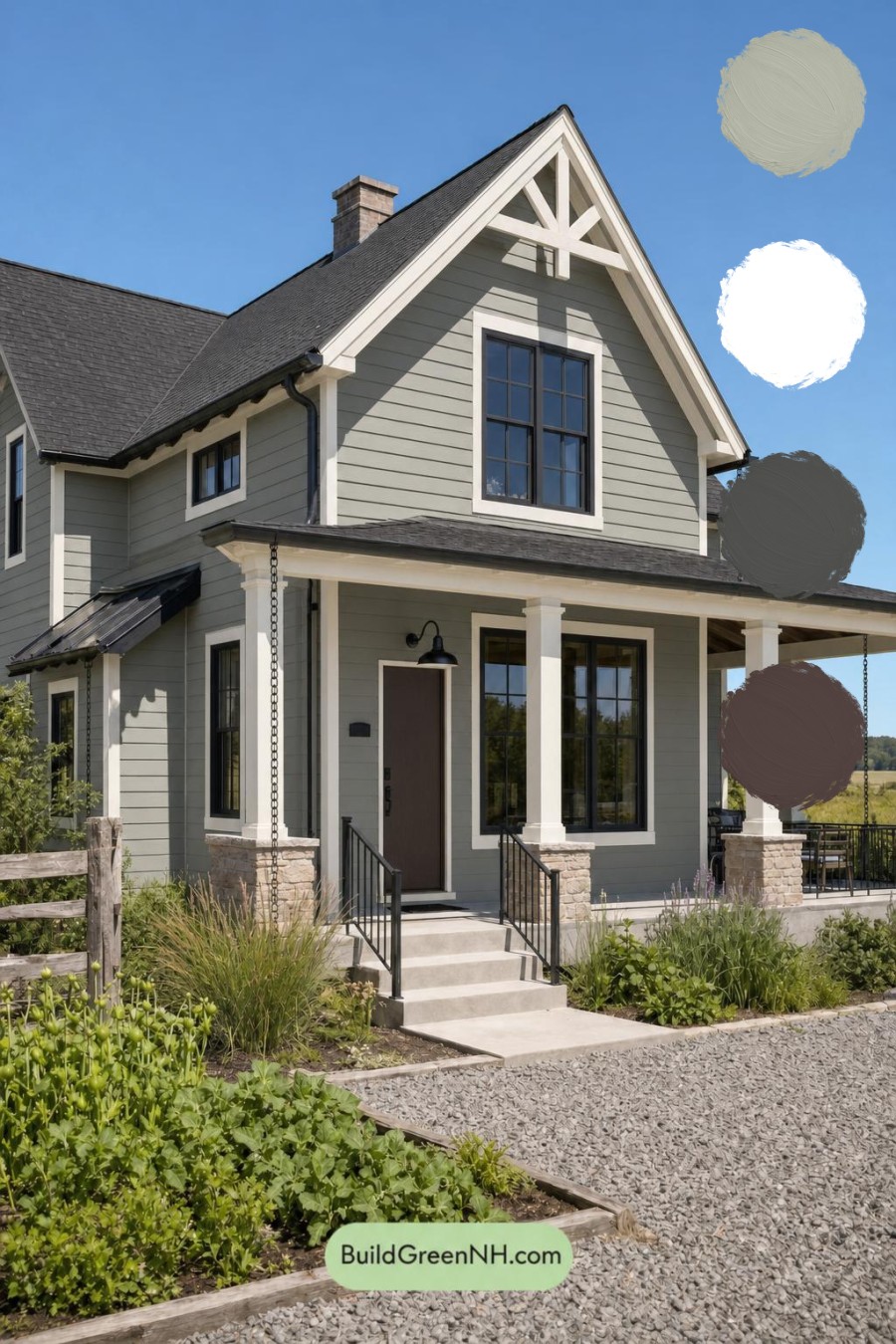 Green House Exterior with Black Roof Color Scheme: Pine Copper Lantern
