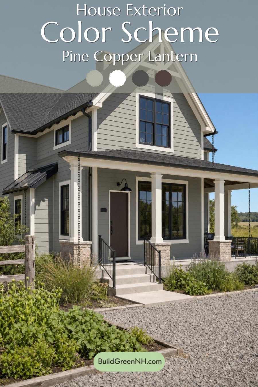 Green House Exterior with Black Roof Color Scheme: Pine Copper Lantern