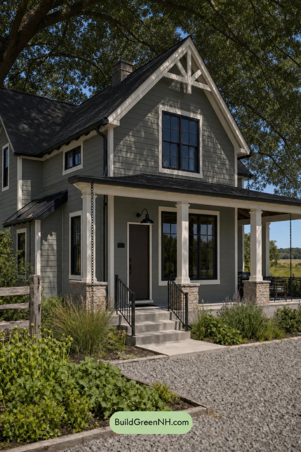 Green House Exterior with Black Roof Color Scheme: Pine Copper Lantern - Shade