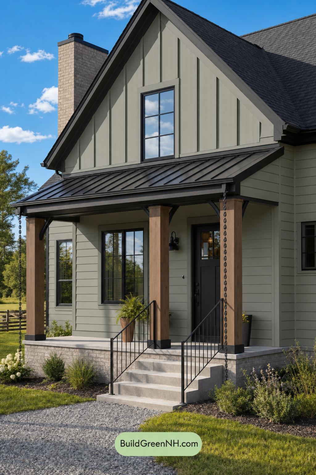 Green House Exterior with Black Roof Color Scheme: Pistachio Bronze Hush