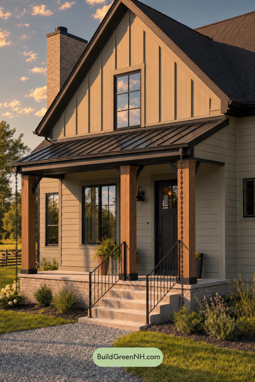 Green House Exterior with Black Roof Color Scheme: Pistachio Bronze Hush - Golden Hour