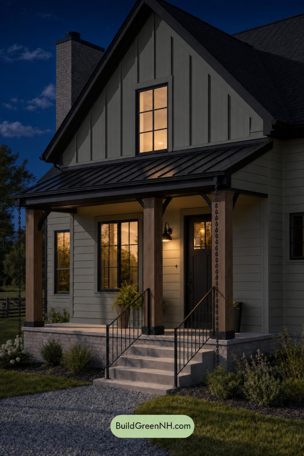 Green House Exterior with Black Roof Color Scheme: Pistachio Bronze Hush - Nighttime