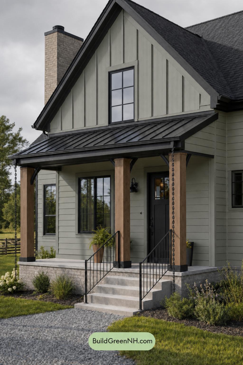 Green House Exterior with Black Roof Color Scheme: Pistachio Bronze Hush - Overcast