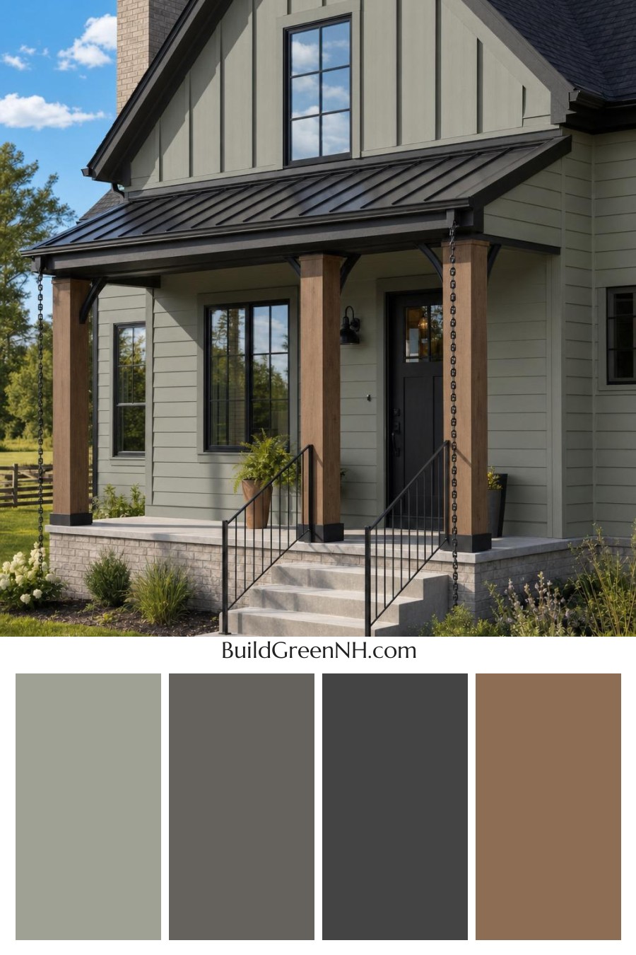 Green House Exterior with Black Roof Color Scheme: Pistachio Bronze Hush