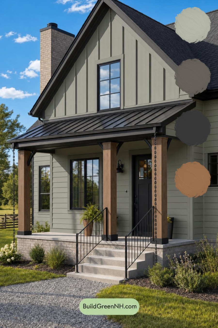 Green House Exterior with Black Roof Color Scheme: Pistachio Bronze Hush