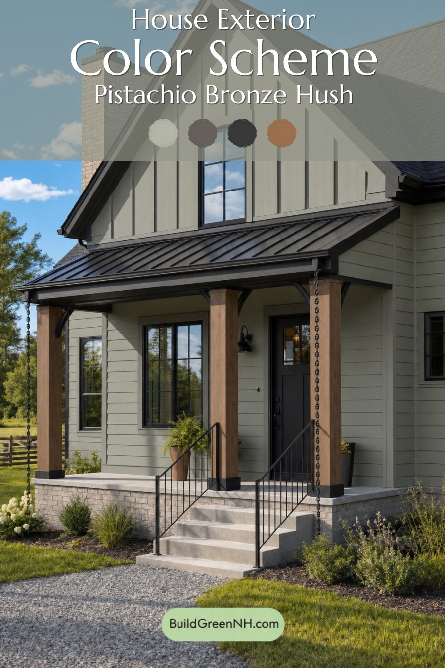 Green House Exterior with Black Roof Color Scheme: Pistachio Bronze Hush