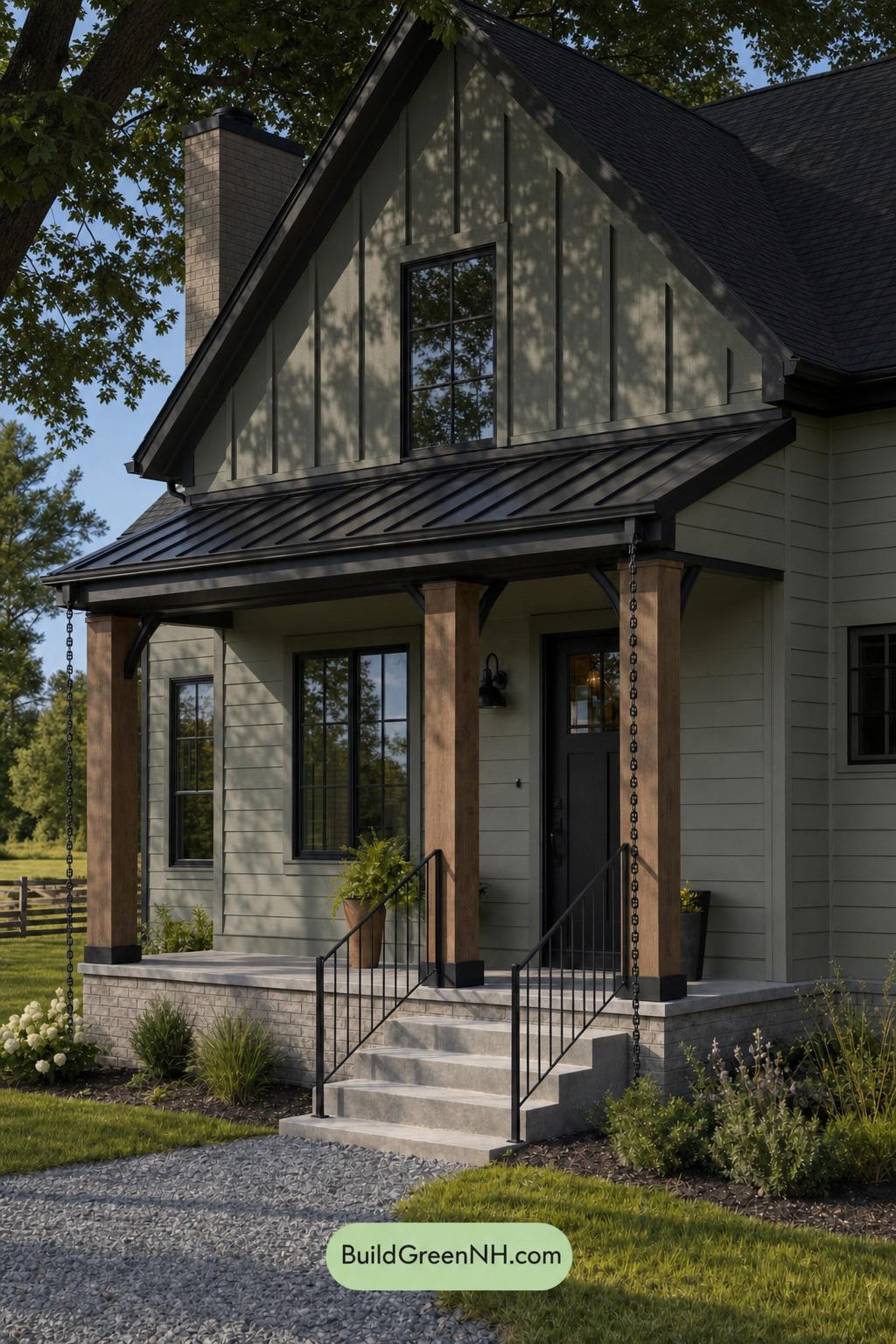 Green House Exterior with Black Roof Color Scheme: Pistachio Bronze Hush - Shade
