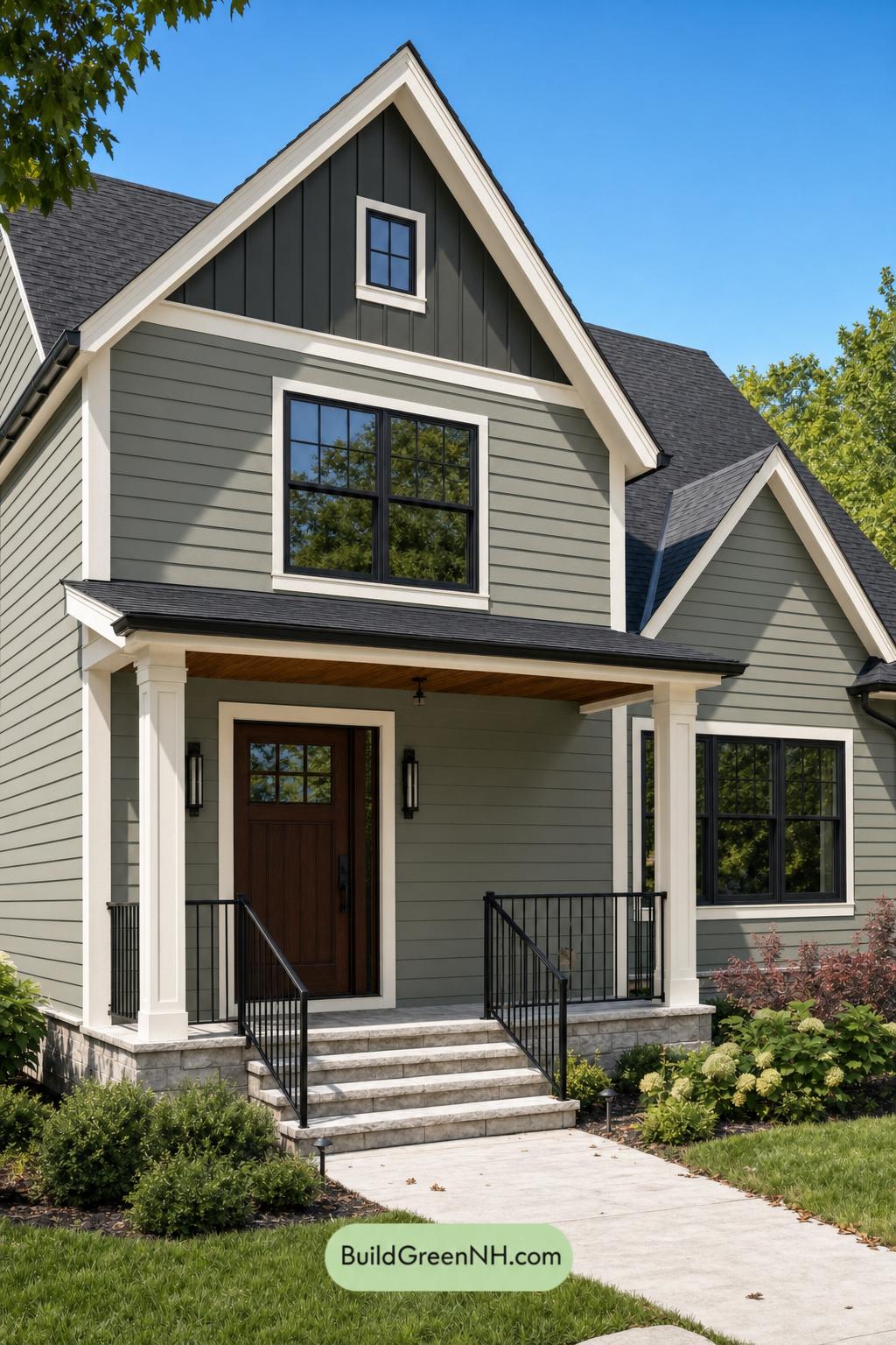 Green House Exterior with Black Roof Color Scheme: Sage Gable Quiet