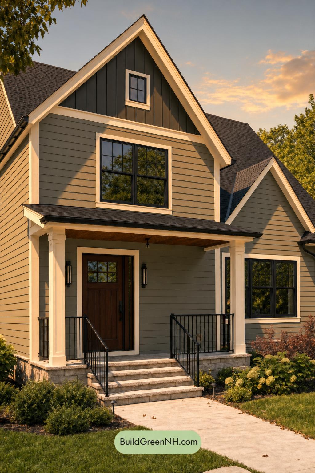 Green House Exterior with Black Roof Color Scheme: Sage Gable Quiet - Golden Hour
