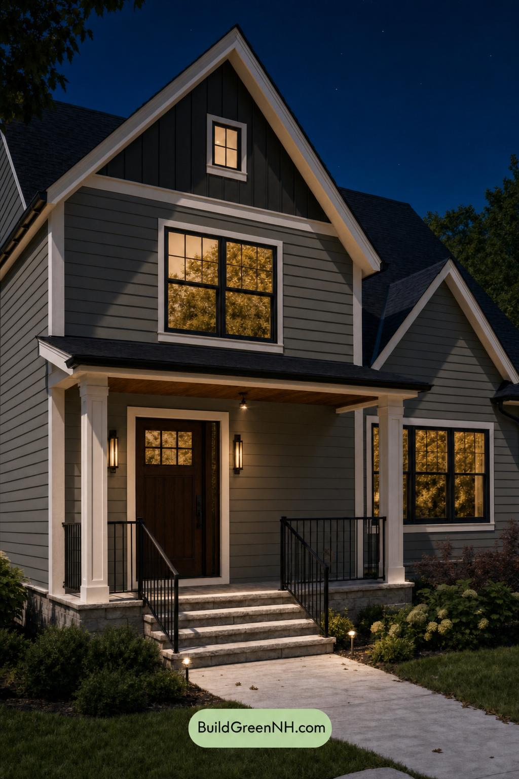 Green House Exterior with Black Roof Color Scheme: Sage Gable Quiet - Nighttime