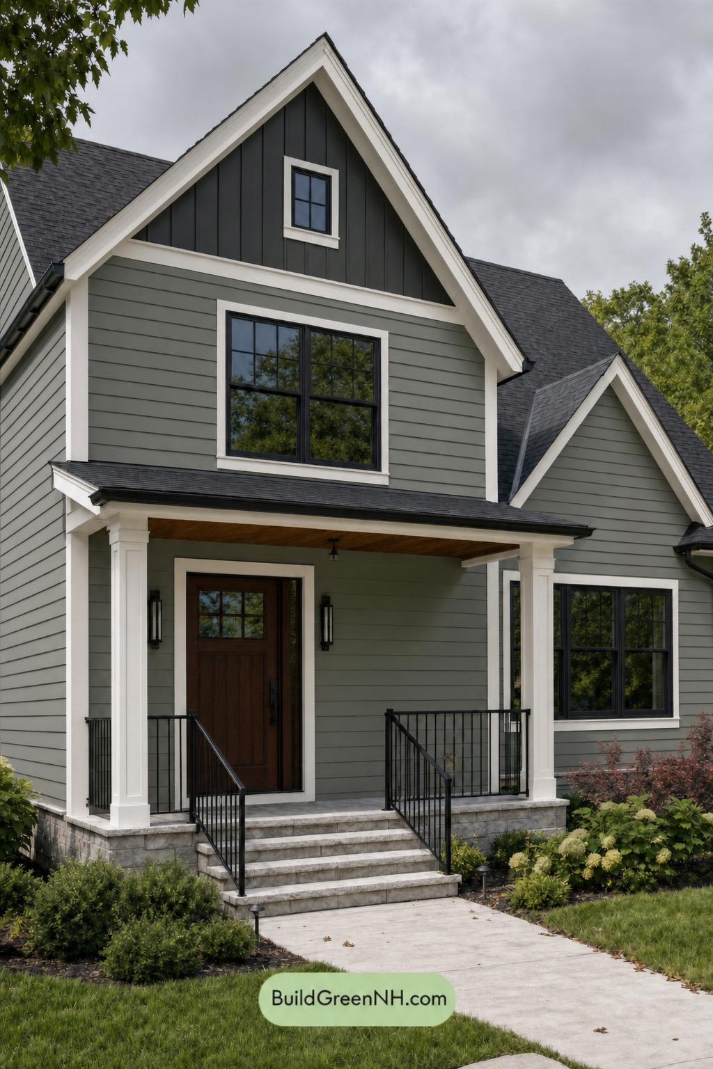 Green House Exterior with Black Roof Color Scheme: Sage Gable Quiet - Overcast
