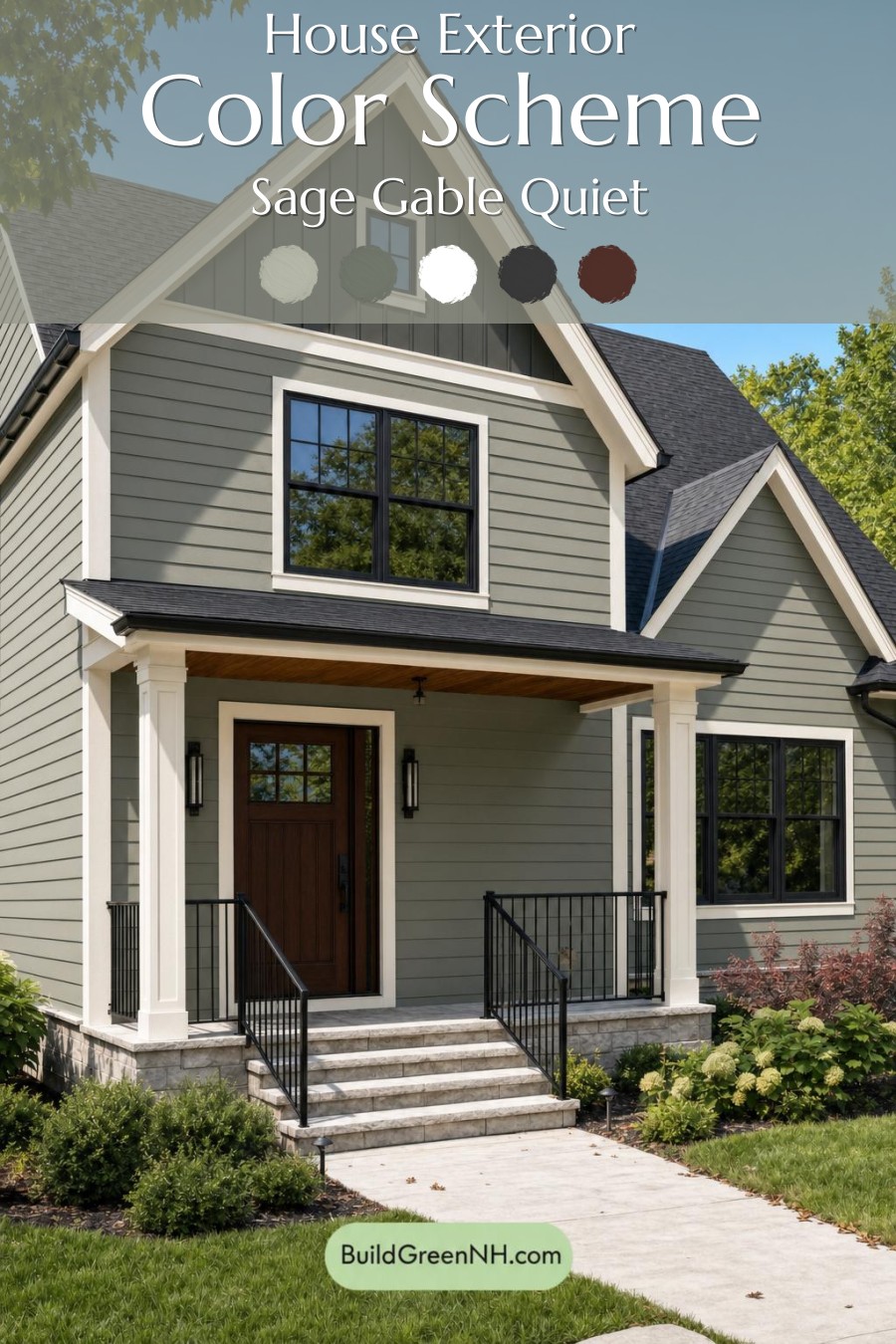 Green House Exterior with Black Roof Color Scheme: Sage Gable Quiet