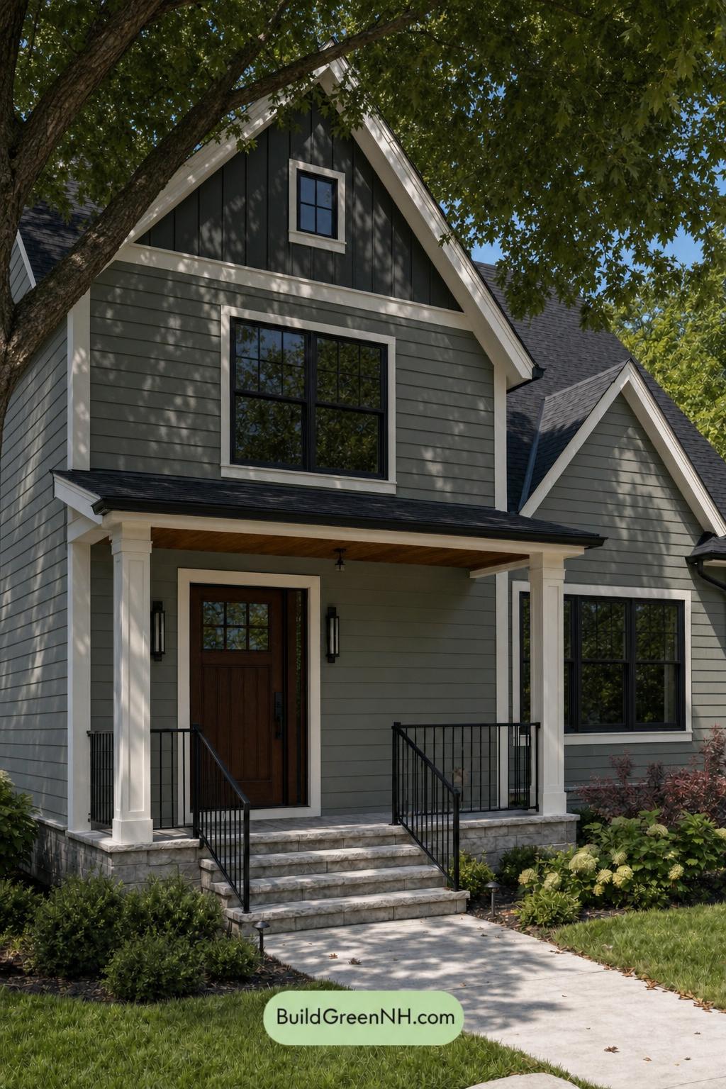 Green House Exterior with Black Roof Color Scheme: Sage Gable Quiet - Shade