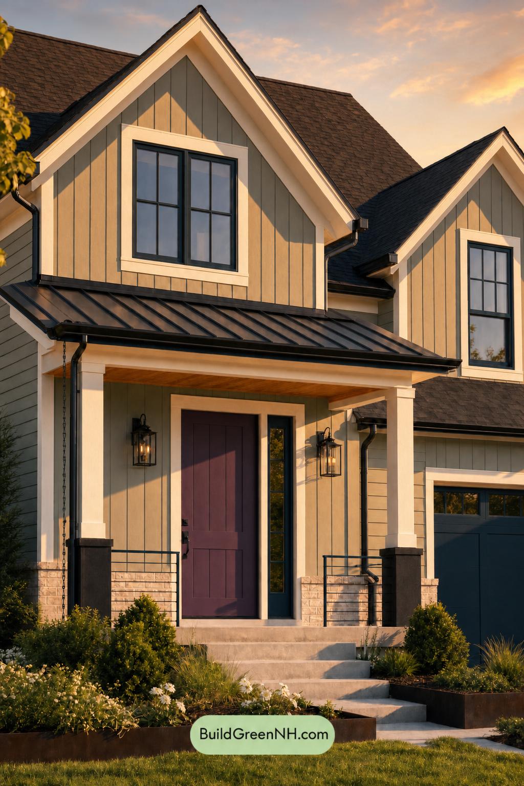 Green House Exterior with Black Roof Color Scheme: Seafoam Coal Welcome - Golden Hour