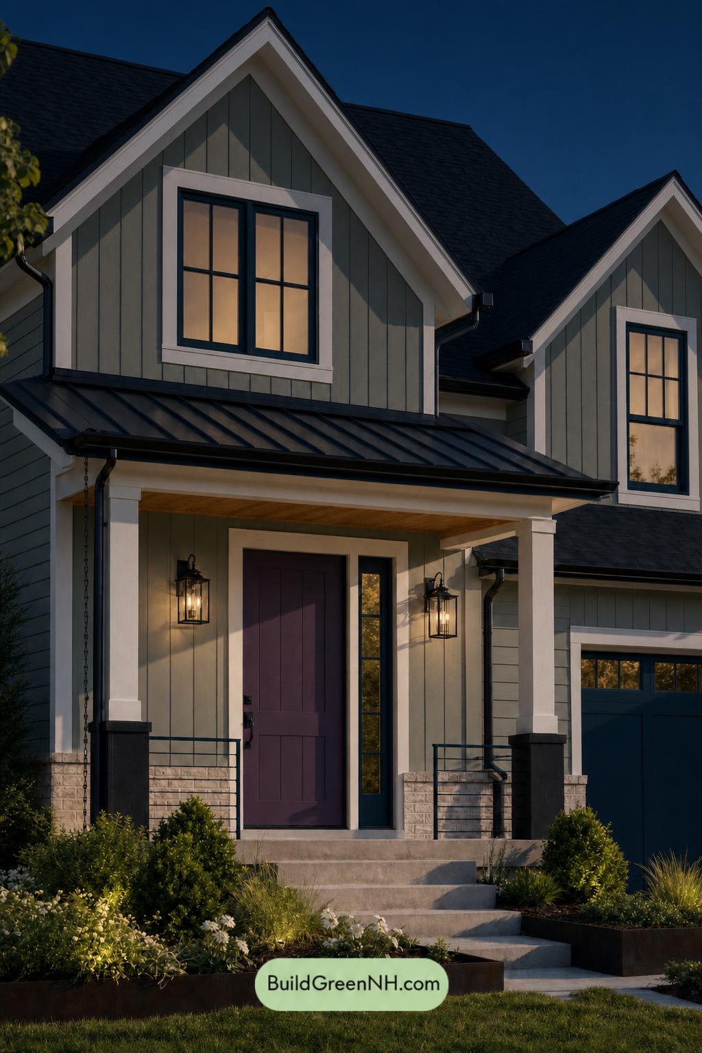 Green House Exterior with Black Roof Color Scheme: Seafoam Coal Welcome - Nighttime