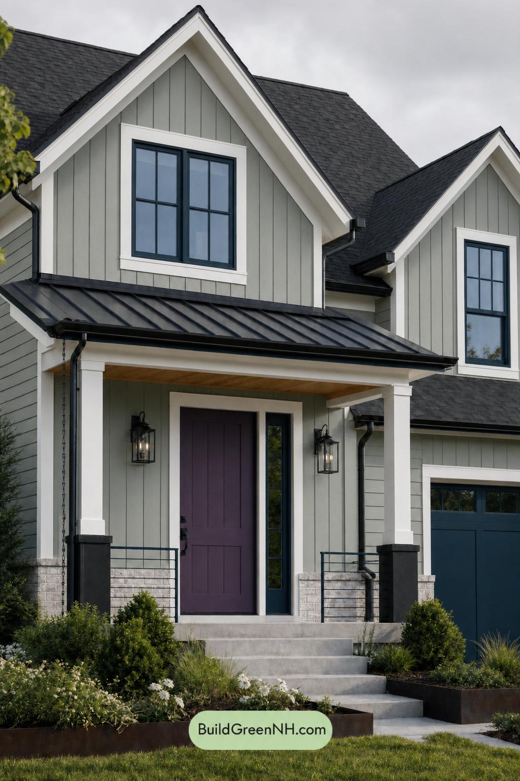 Green House Exterior with Black Roof Color Scheme: Seafoam Coal Welcome - Overcast