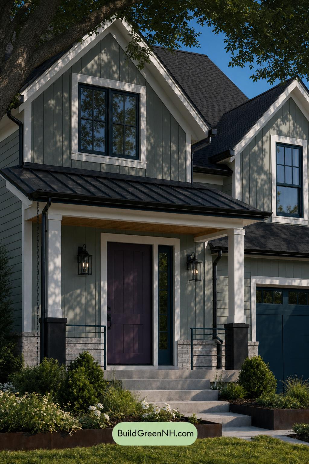 Green House Exterior with Black Roof Color Scheme: Seafoam Coal Welcome - Shade