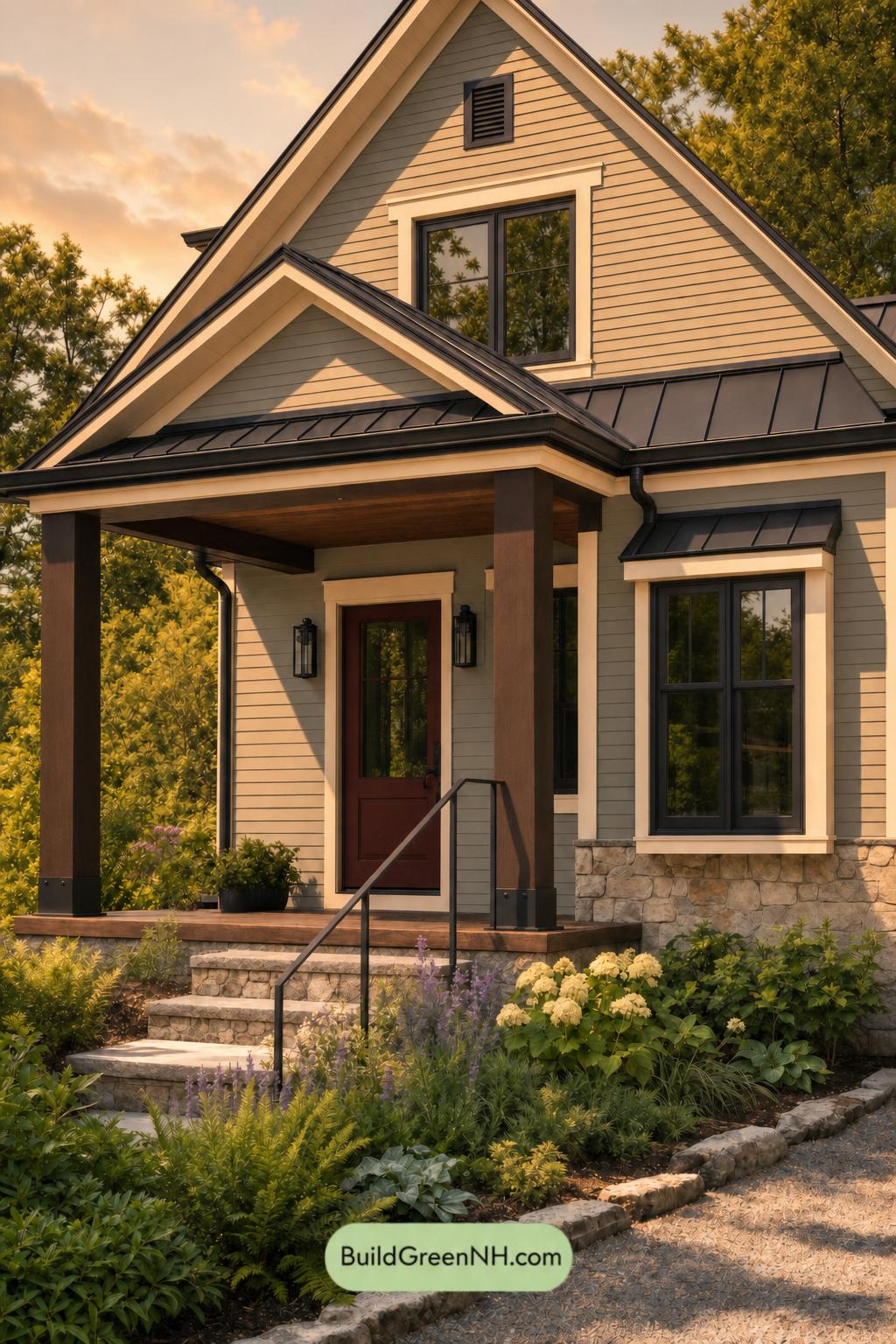 Green House Exterior with Black Roof Color Scheme: Willow Cinder - Golden Hour