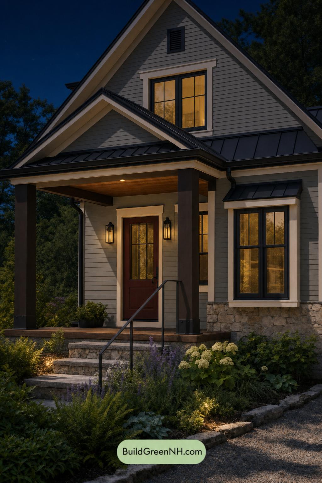 Green House Exterior with Black Roof Color Scheme: Willow Cinder - Nighttime