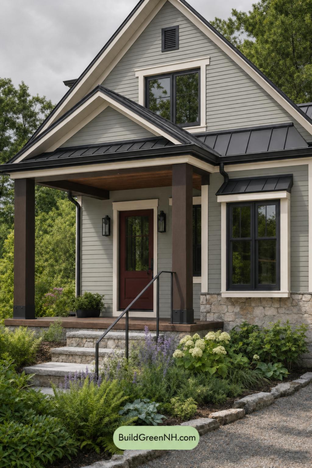 Green House Exterior with Black Roof Color Scheme: Willow Cinder - Overcast